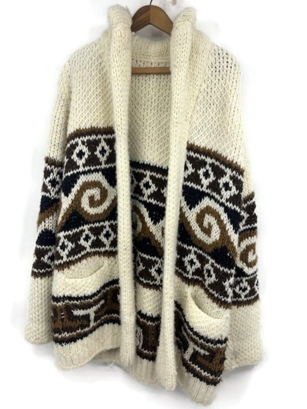 VTG Hand Knit Cowichan Style Cardigan Sweater Mens XXL? Shawl Collar Pockets
